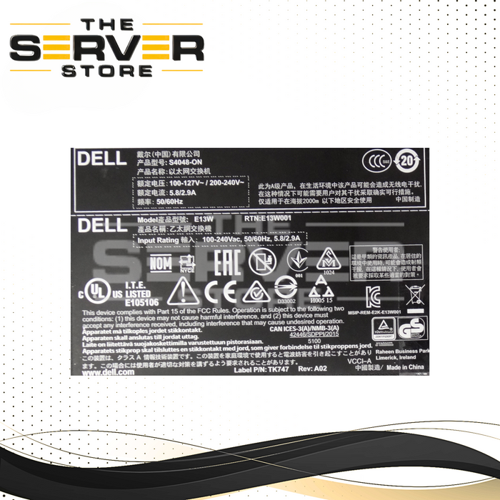 Dell EMC Power Switch 48x10GbE SFP+ 6xQSFP+ with fan and Power Supply S4048-ON