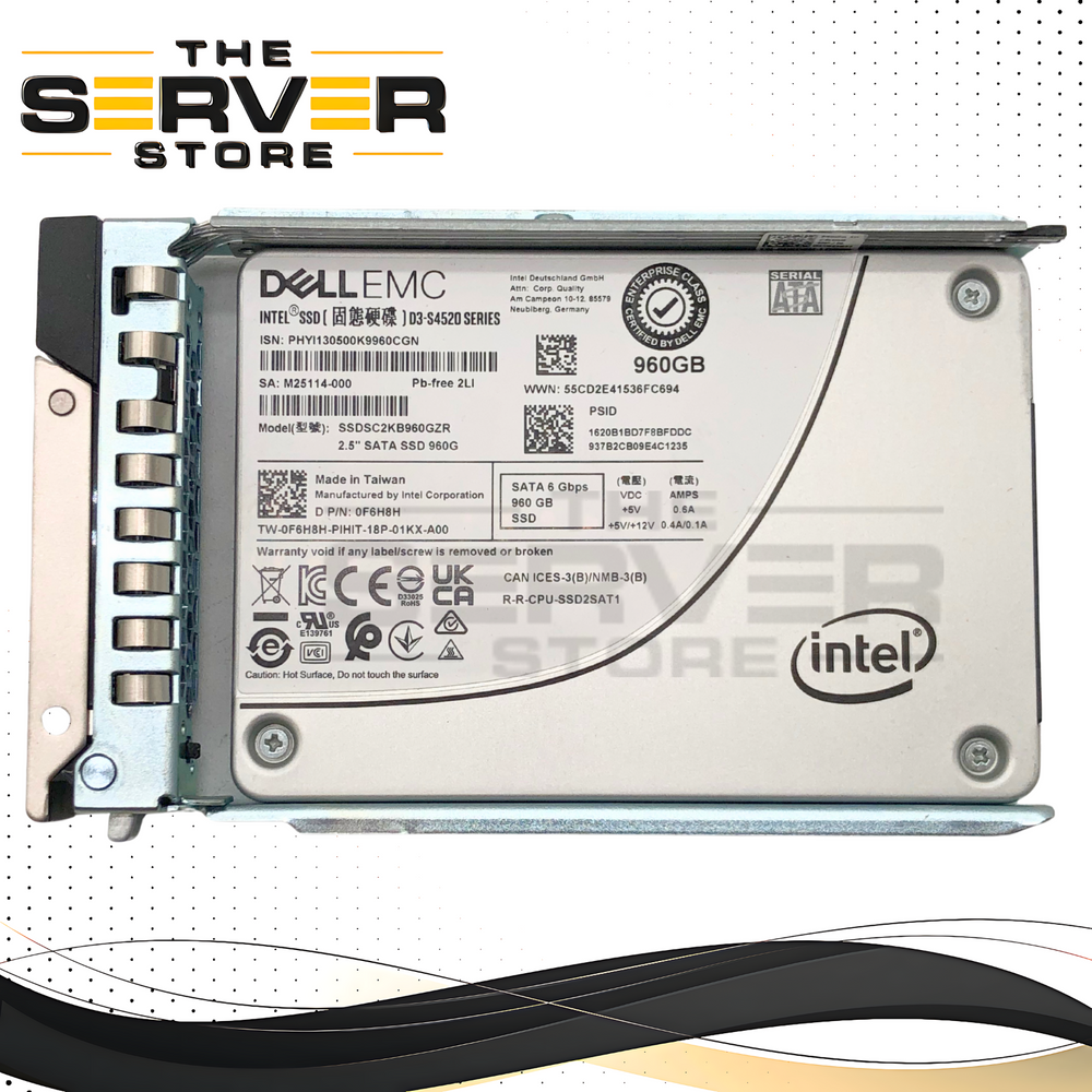 Dell Intel D3-S4520 Series 960GB SATA 6Gb/s 2.5-inch SFF Solid State Drive (SSD) with Dell Hot-Swap Tray. P/N: F6H8H, 0F6H8H.