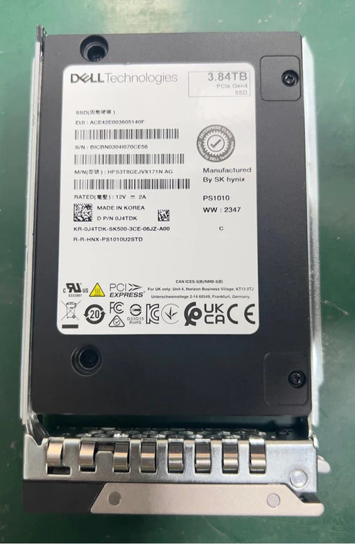Dell J4TDK 3.84TB PCIe Gen4 NVMe RI U.2 2.5in SSD with Carrier | USED