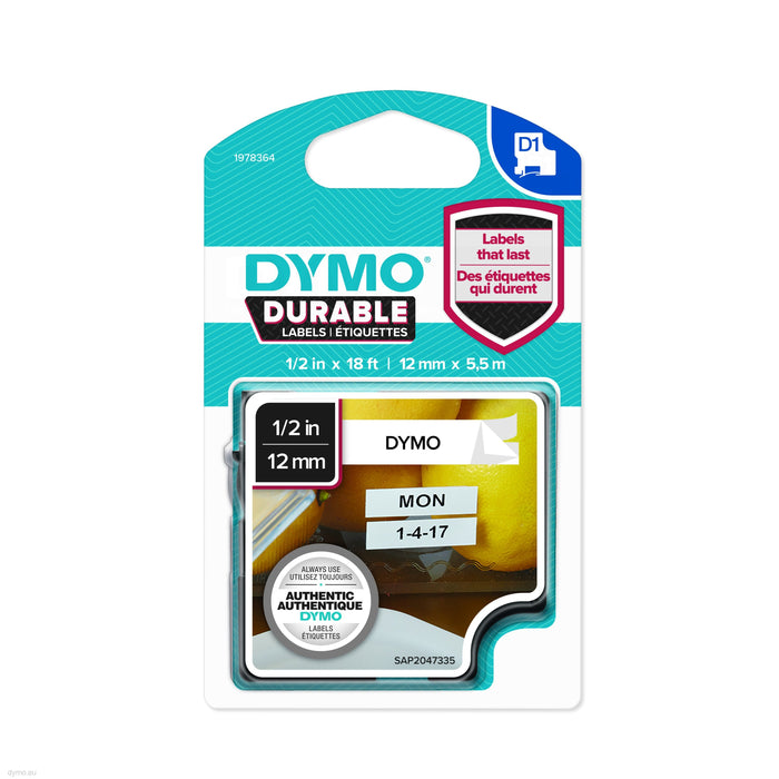Dymo Dymo D1 Durable Label Black Print On White 1/2W X 18L - 1978364