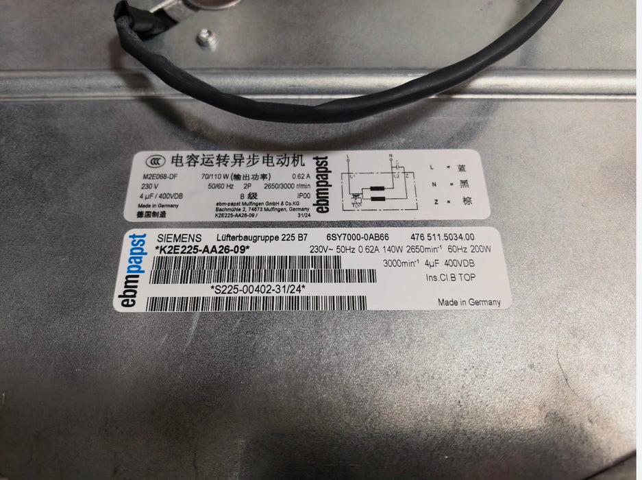 EBMPAPST K2E225-AA26-09 Centrifugal Fan | 140/192W Dual-Power | 230V | Siemens VFD SY7000-0AB66