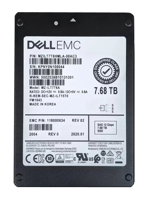 EMC 118000634 2.5" 7.68TB 12Gb/s SAS SSD | USED