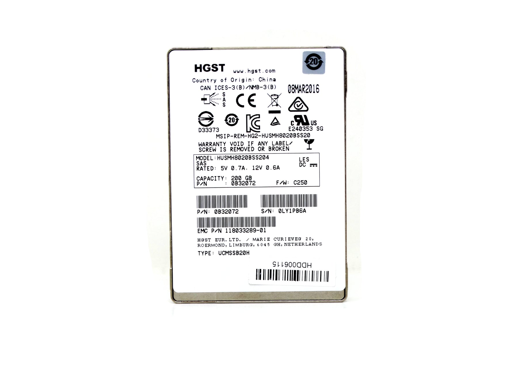 EMC 200GB SAS 12G MLC SFF 2.5" SSD HGST Ultrastar 0B32072 HUSMH8020BSS204