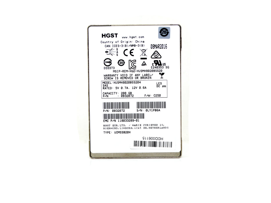 EMC 200GB SAS 12G MLC SFF 2.5" SSD HGST Ultrastar 0B32072 HUSMH8020BSS204
