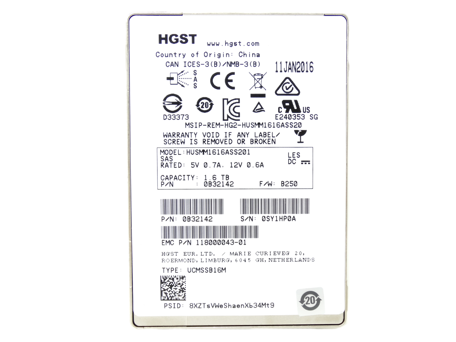 EMC / HGST 1.6TB 12Gbps 12G SAS 2.5'' SFF SSD Solid State Drive (118000043-01)