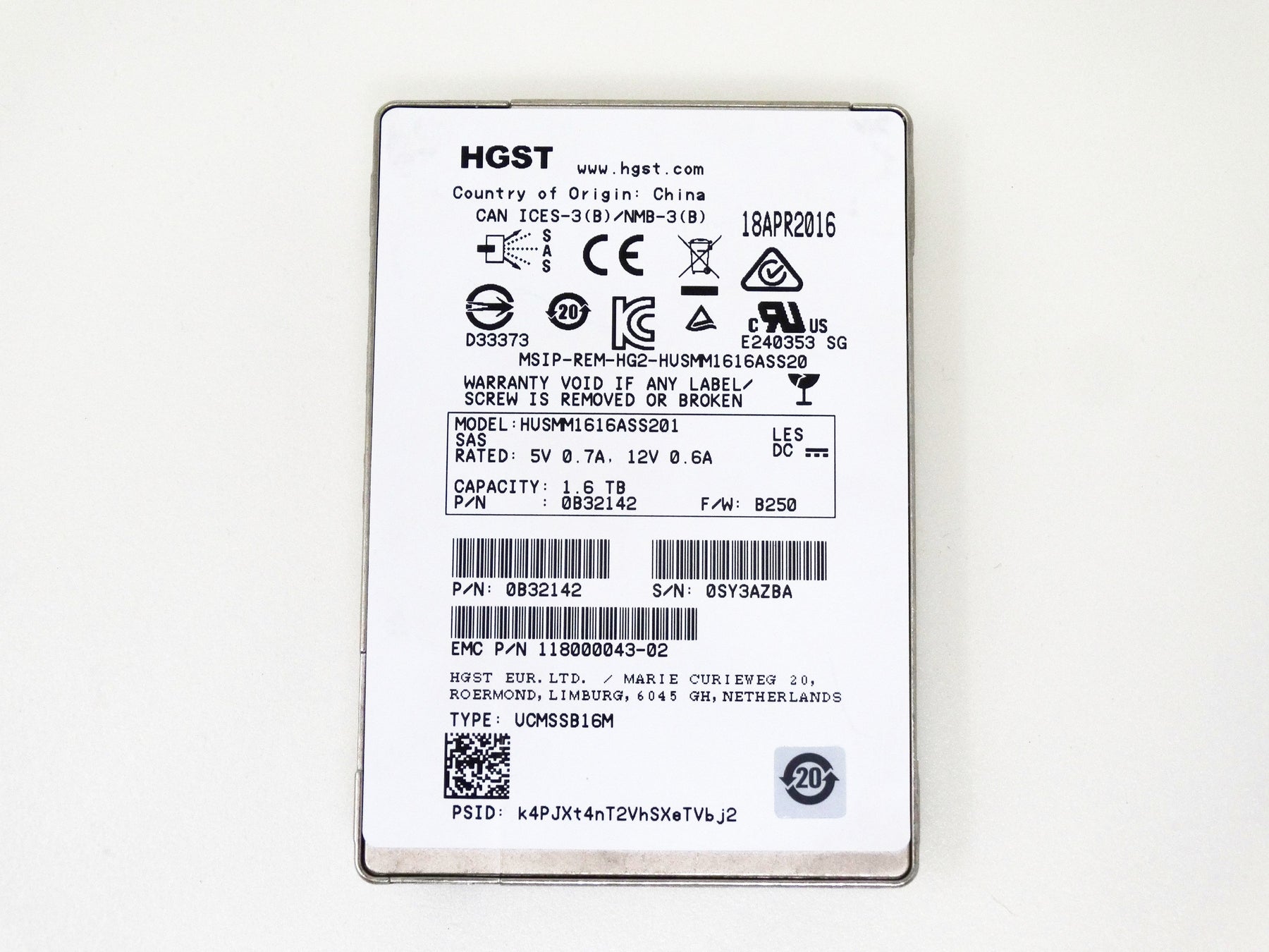EMC / HGST 1.6TB 12Gbps 12G SAS 2.5'' SFF SSD Solid State Drive (118000043-02)