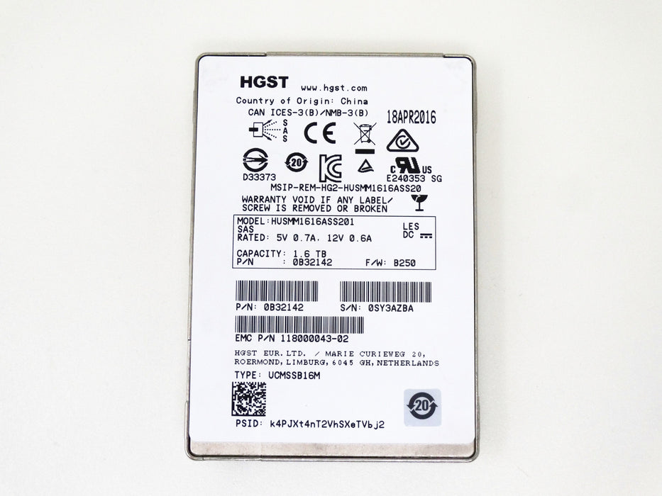 EMC / HGST 1.6TB 12Gbps 12G SAS 2.5'' SFF SSD Solid State Drive (118000043-02)