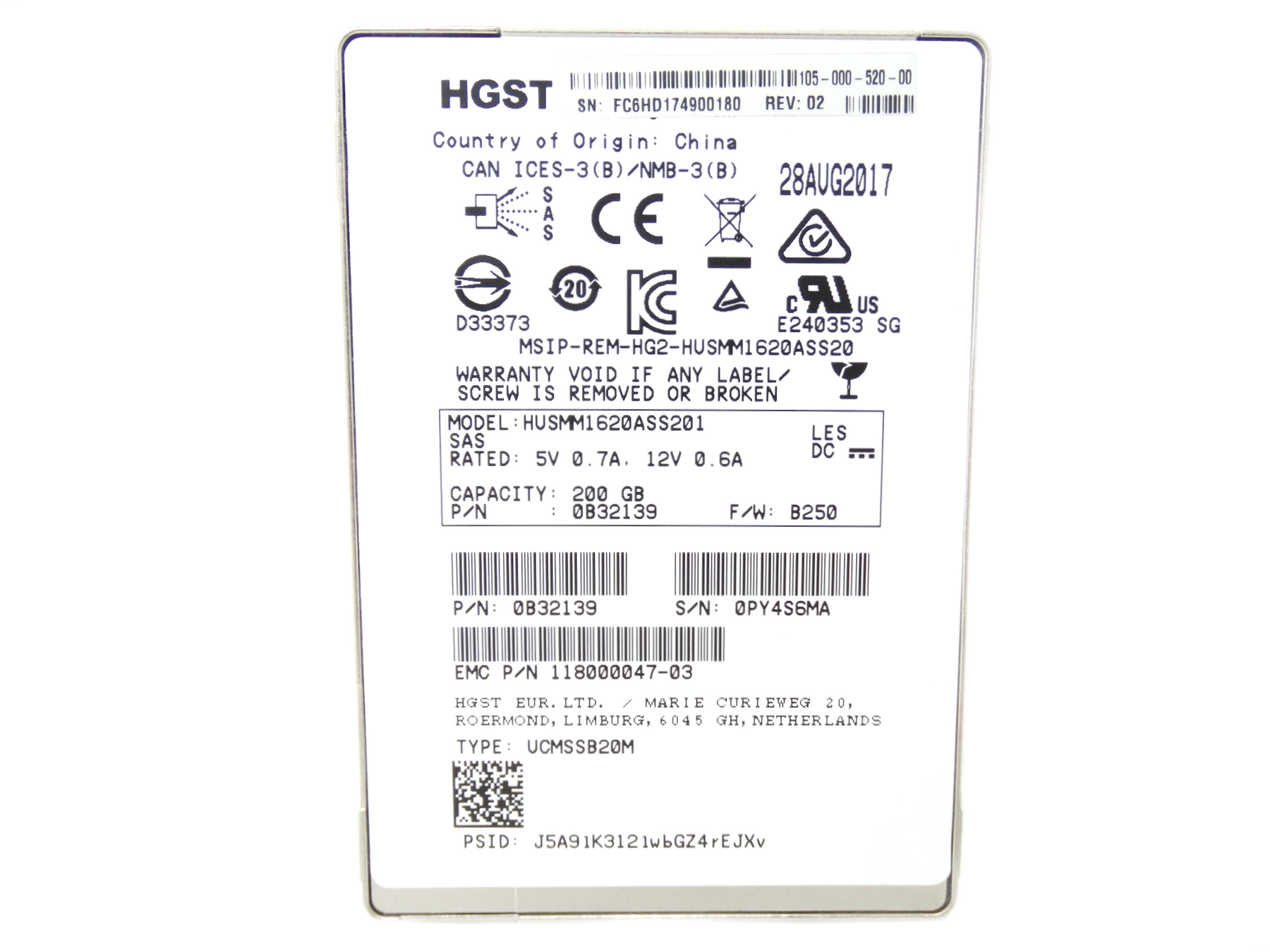 EMC HGST 200GB SAS 12G SFF 2.5'' SSD 118000047-03