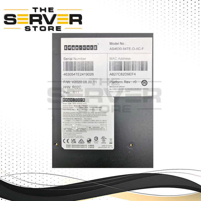 Edge-Core EPS201 48x1GBASE-T, 4x 10G/25G SFP28, 2x 100G QSFP28 L2/L3 Network Switch with Port-to-Power (Front-to-Back) Airflow. P/N: AS4630-54TE-O-AC-F.