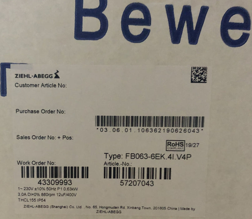 FB063-6EK.4I.V4P ZIEHL-ABEGG Axial Fan 230V 0.47kW 2.3A 920rpm