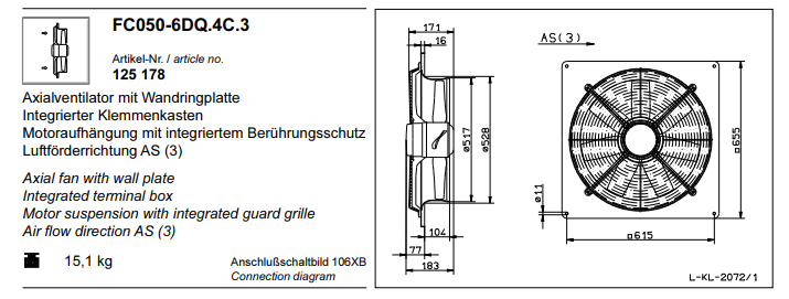 FC045.6DQ.4C.3 ZIEHL-ABEGG Axial Fan 300~400V 0.125 kW 0.35A 940 rpm