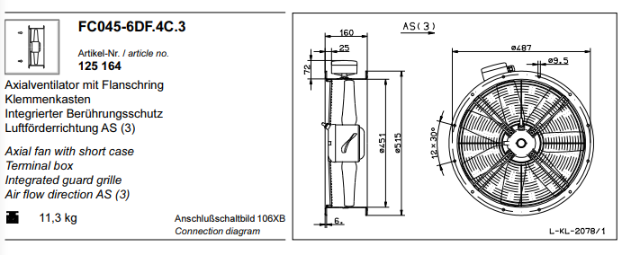 FC045.6DF.4C.3 ZIEHL-ABEGG Axial Fan 300~400V 0.125 kW 0.35A 940 rpm