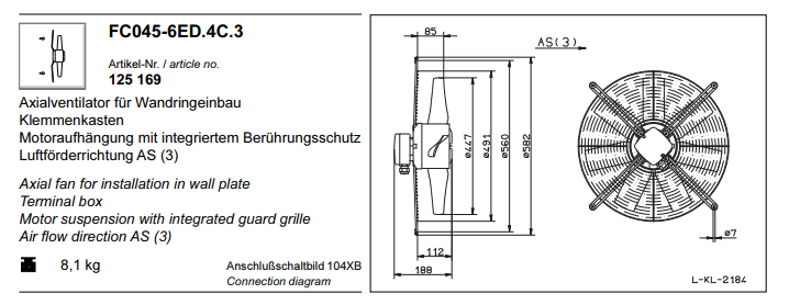FC045.6ED.4C.3 ZIEHL-ABEGG Axial Fan 230V 0.17 kW 0.75A 930 rpm