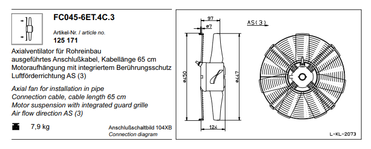 FC045.6ET.4C.3 ZIEHL-ABEGG Axial Fan 230V 0.17 kW 0.75A 930 rpm