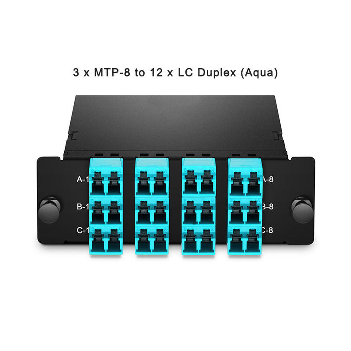 FHD MTP®-LC Cassette, OM4 Multimode, Universal, 24 Fibers, 3 x MTP®-8 (Male) to LC (Aqua), 0.35dB max