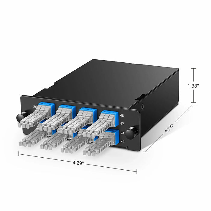 FHD MTP®-MDC Cassette, OS2 Single Mode, Type A, 48 Fibers, 4 x MTP®-12 (Male) to 8 x MDC 3-Port Duplex (Blue), 0.35dB Max.