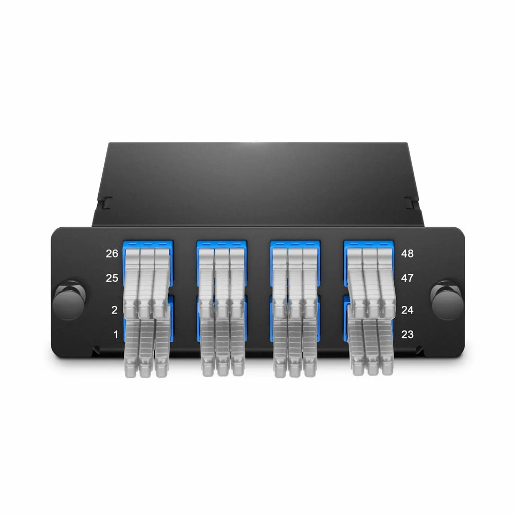 FHD MTP®-MDC Cassette, OS2 Single Mode, Type A, 48 Fibers, 4 x MTP®-12 (Male) to 8 x MDC 3-Port Duplex (Blue), 0.35dB Max.