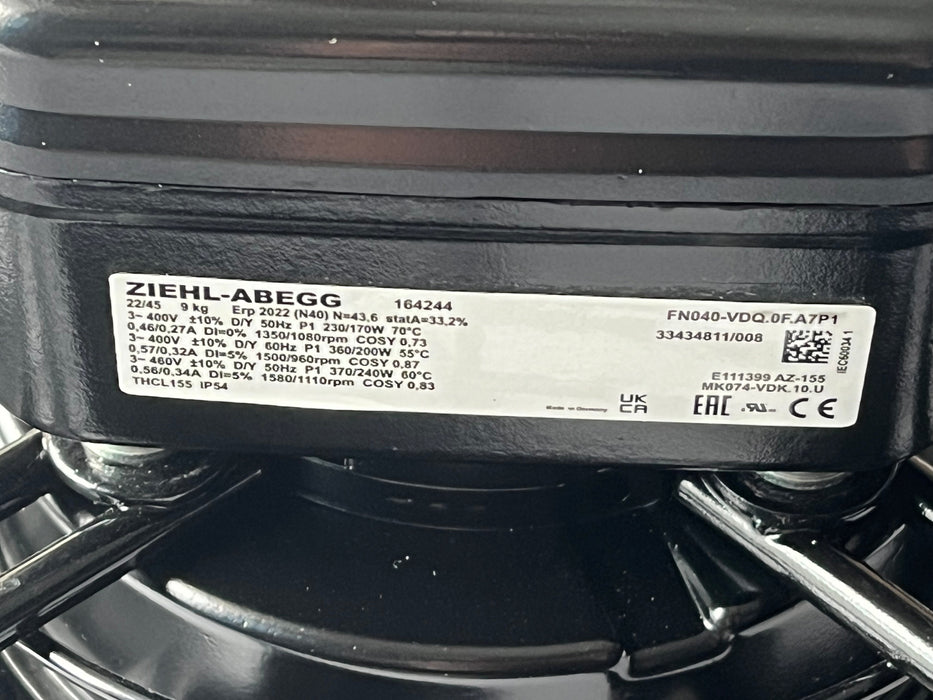 FN040-VDQ.0F.A7P1 ZIEHL-ABEGG Axial Fan 400V 0.18/0.39kW 0.29/0.58A 1020/1560rpm