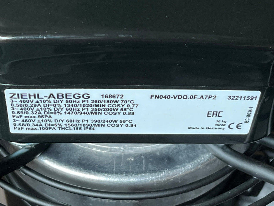 FN040-VDQ.0F.A7P2 ZIEHL-ABEGG Axial Fan 400V 0.18/0.39kW 0.29/0.58A 1020/1560rpm WITHOUT Plate