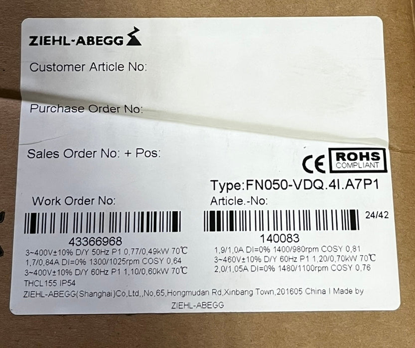 FN050-VDQ.41.A7P1  ZIEHL-ABEGG Axial Fan 400V 0.83/0.55kW 1.45/0.97A 1330/940rpm