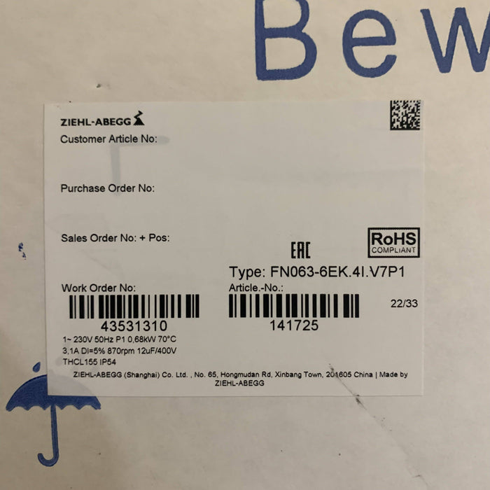 FN063-6EK.4I.V7P1 ZIEHL-ABEGG Axial Fan 230V 50HZ 0.68 KW 3.1 A