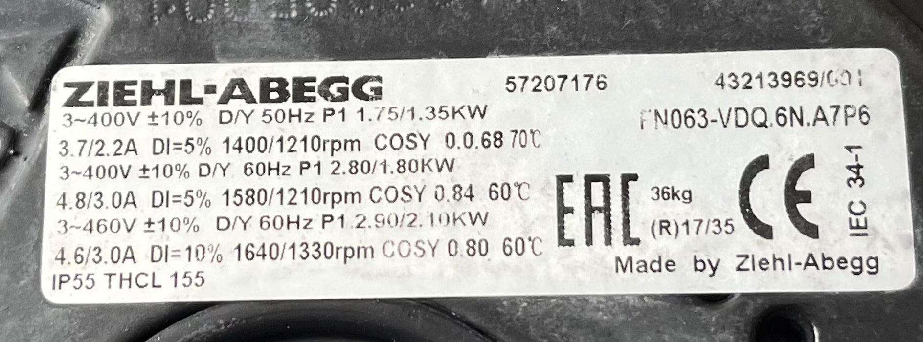 FN063-VDQ.6N.A7P6 ZIEHL-ABEGG Axial Fan 3~460V 1.35/2.9 kW 2.2/4.6 A