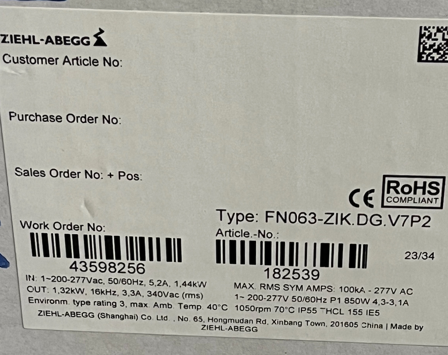 FN063-ZIK.DG.V7P2 ZIEHL-ABEGG Axial Fan | 1.25kW EC Motor | Durable, Quiet & High Airflow