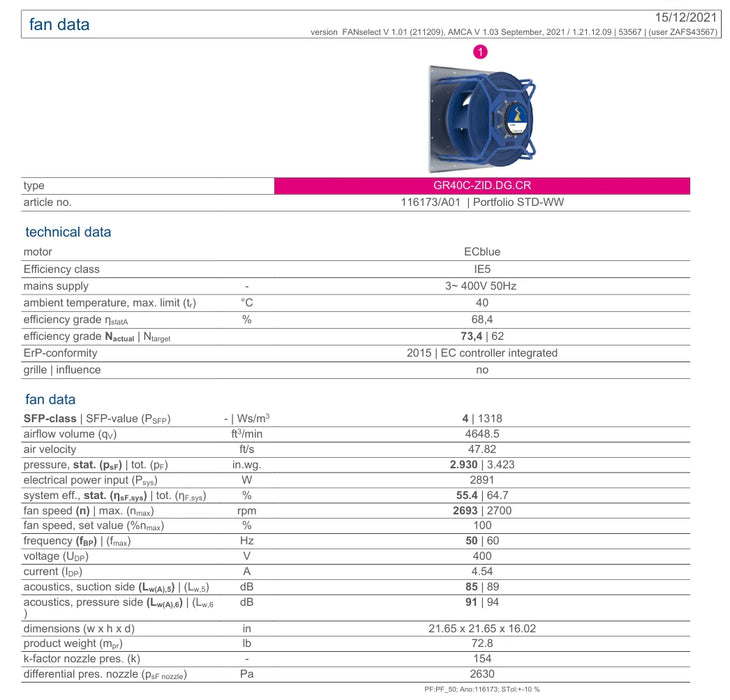 GR40C-ZID.DG.CR ZIEHL-ABEGG centrifugal fan 400V 2.9kW 4.54A 2700rpm