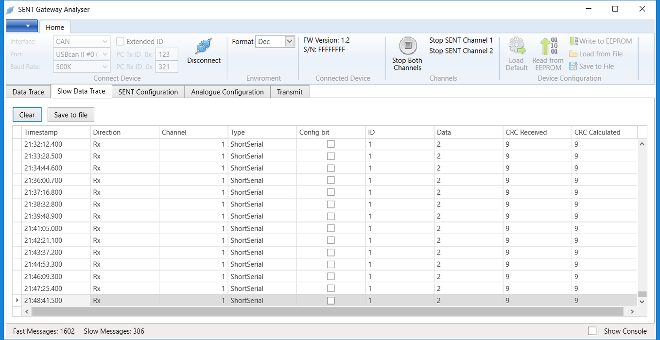 SAE J2716 (SENT) to RS232 Gateway