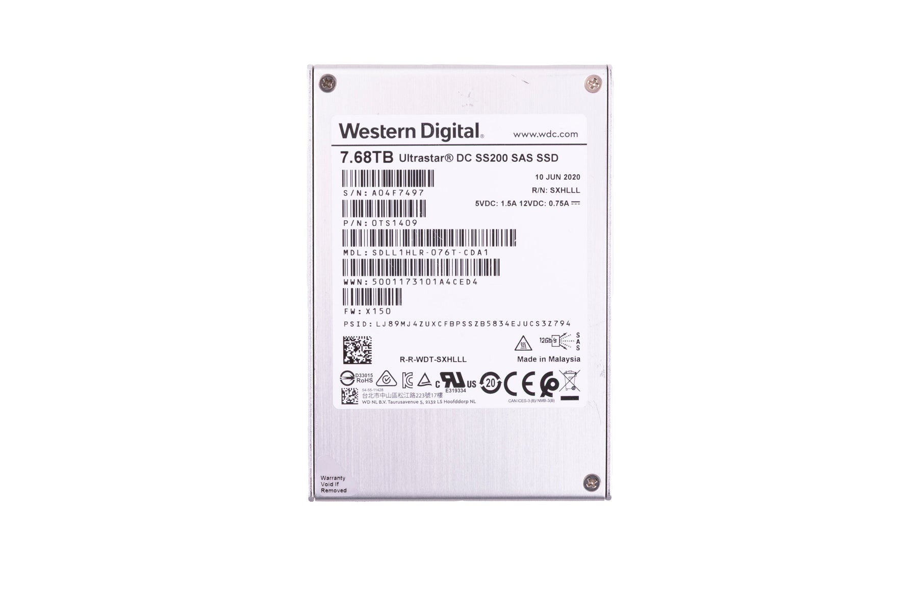 HGST ULTRASTAR SS200 7.68TB SAS 12GB/S 2.5"SSD SDLL1HLR-076T-CDA1  0TS1409 (NO TRAY)