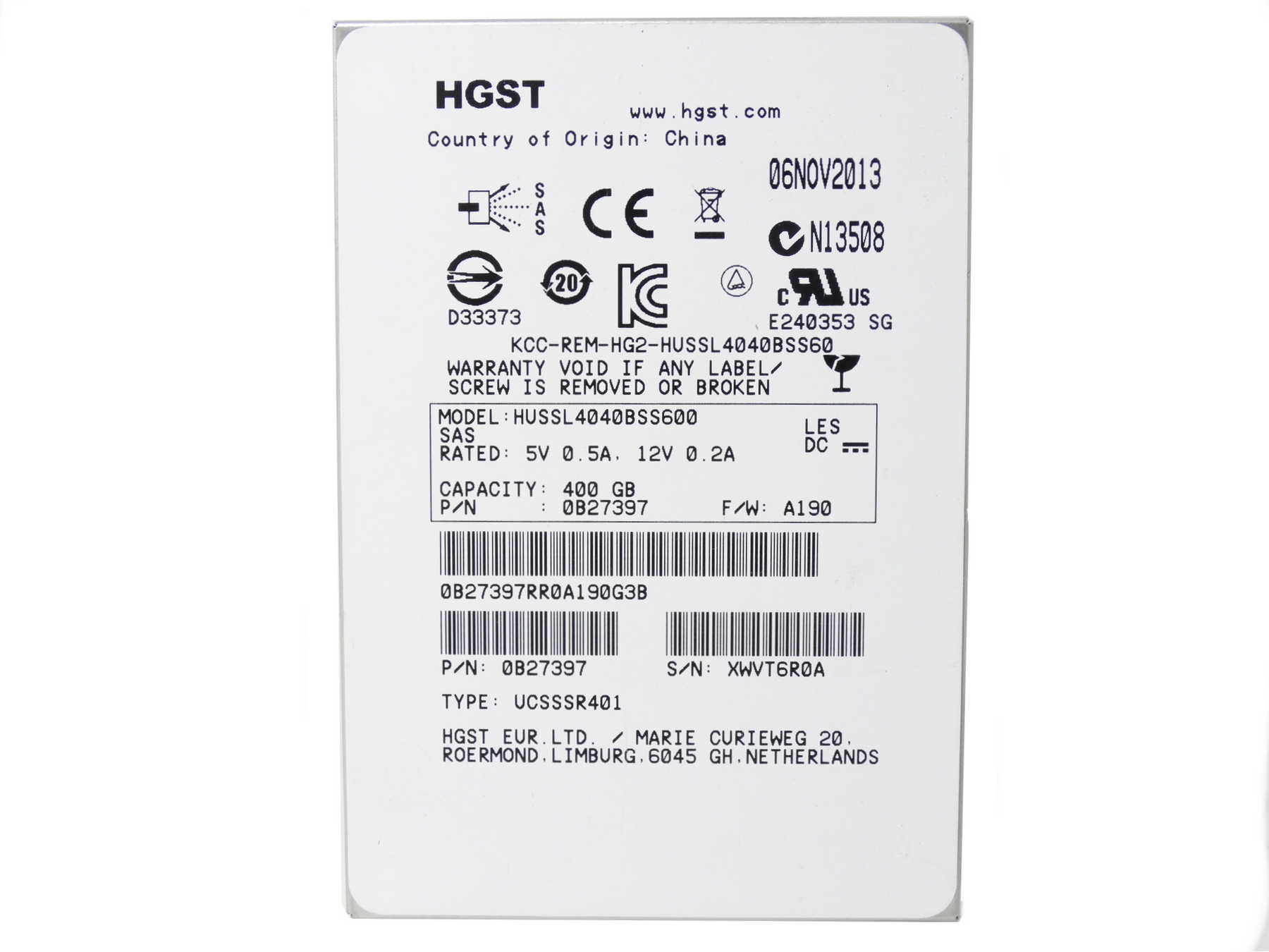 HGST 400GB SLC SAS 6Gbps 2.5'' SSD Solid State Drive (0B27397)