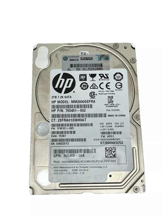 HP 2TB SATA HDD 2.5" 6G, 7.2K DRIVE 765468-004 MM2000GEFRA 765451-002 HP