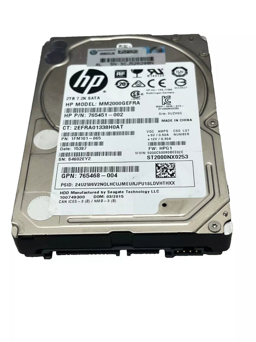 HP 2TB SATA HDD 2.5" 6G, 7.2K DRIVE 765468-004 MM2000GEFRA 765451-002 HP