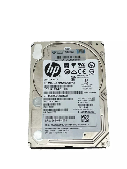 HP 2TB SATA HDD 2.5" 6G, 7.2K DRIVE 765468-004 MM2000GEFRA 765451-002 HP