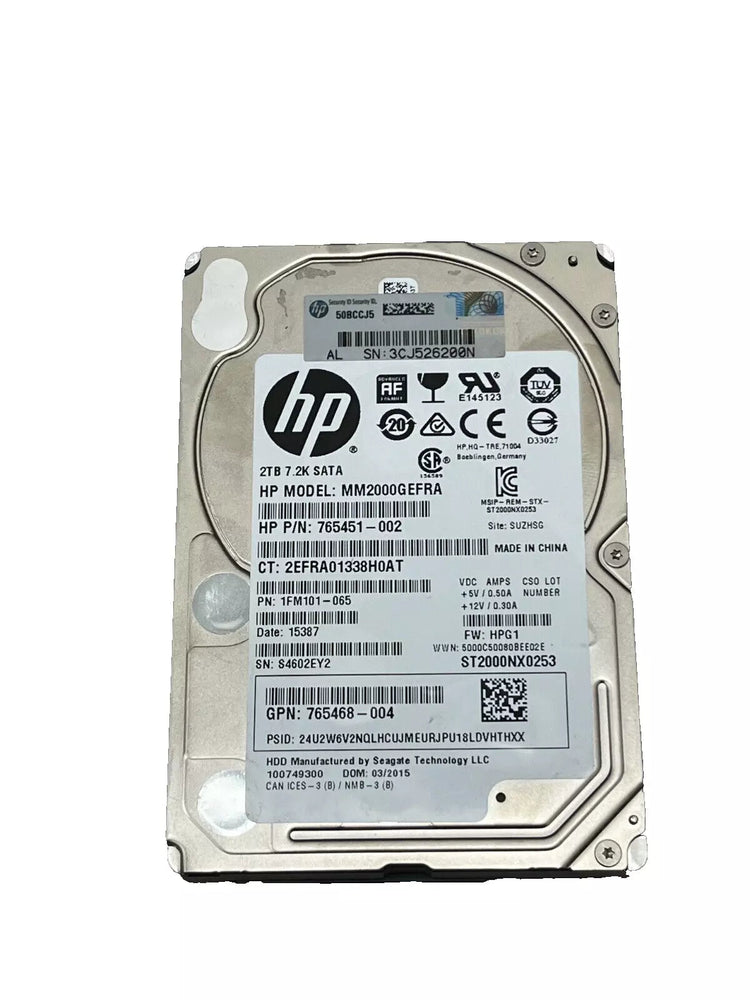 HP 2TB SATA HDD 2.5" 6G, 7.2K DRIVE 765468-004 MM2000GEFRA 765451-002 HP