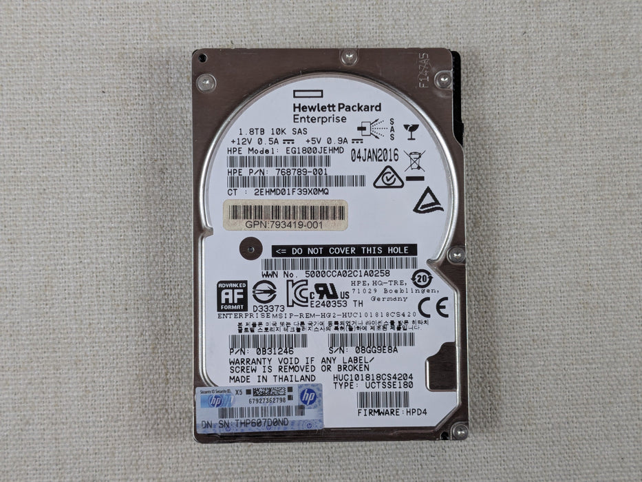 HP 768789-001 1.8TB SAS 10K 12G 512e Hard Drive No Tray