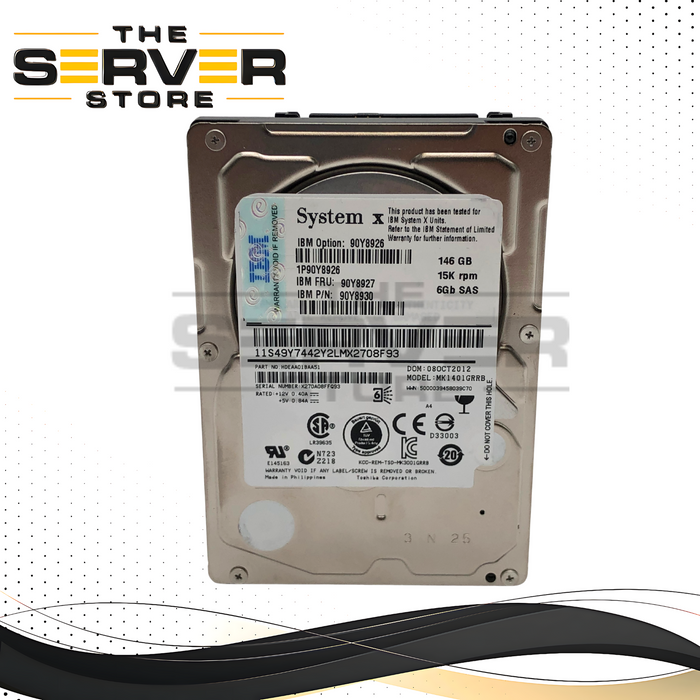 IBM Toshiba 146GB 15000RPM 6Gb/s SAS 2.5-inch SFF Enterprise Hard Disk Drive for System x Servers. P/N: HDEAA01BAA51, MK1401GRRB, 90Y8926, 90Y8930, 90Y8927.