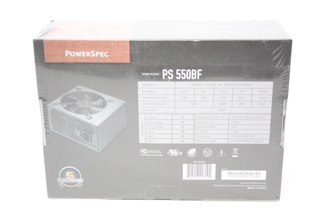PowerSpec 550W 80 Plus Bronze Power Supply UNOPENED