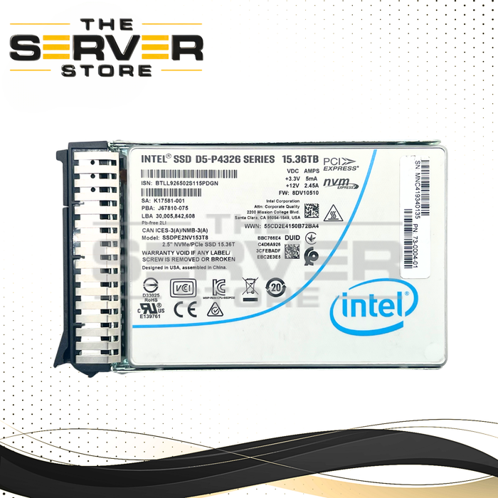 Intel 15.36TB NVMe U.2 PCIe Gen3.0 x4 RI 2.5" SSD D5-P4326 Series Lenovo ThinkSystem Server SSDPE2NV153T8