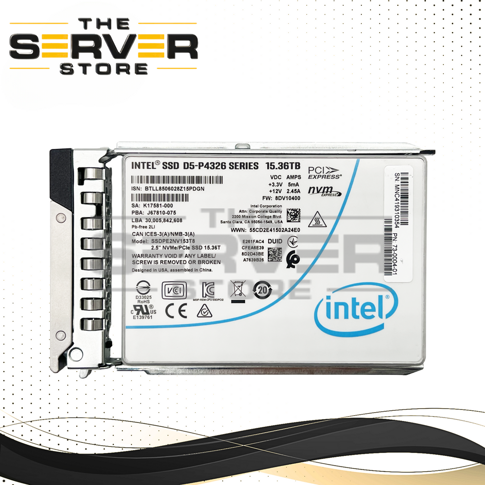 Intel 15.36TB NVMe U.2 PCIe Gen3.0 x4 RI SFF 2.5" SSD D5-P4326 SSDPE2NV153T8 for Dell PowerEdge Server with Dell Tray Gen 16th / 15th / 14th