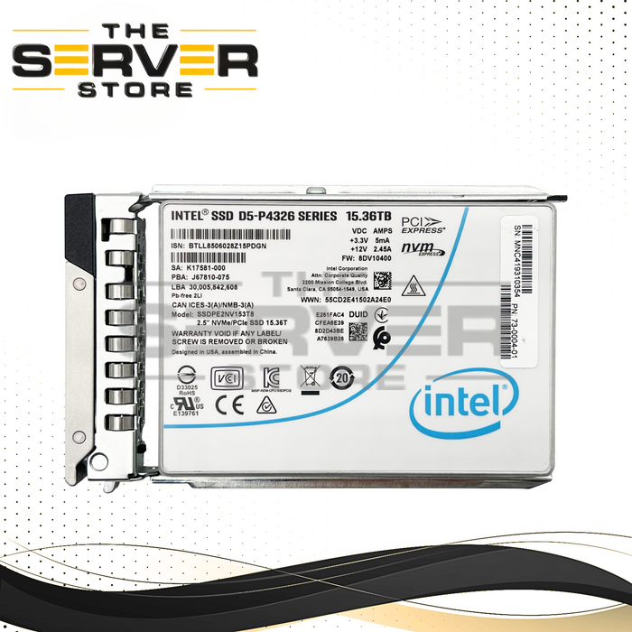 Intel 15.36TB NVMe U.2 PCIe Gen3.0 x4 RI SFF 2.5" SSD D5-P4326 SSDPE2NV153T8 for Dell PowerEdge Server with Dell Tray Gen 16th / 15th / 14th