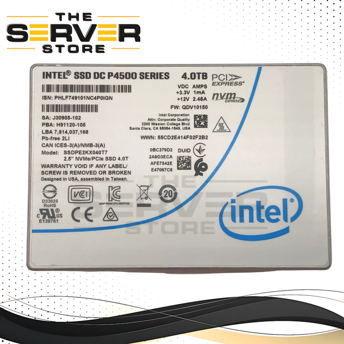 Intel 4TB NVMe U.2 PCIe Gen 3.0 x4 RI SFF SSD DC P4500 Series SSDPE2KX040T7