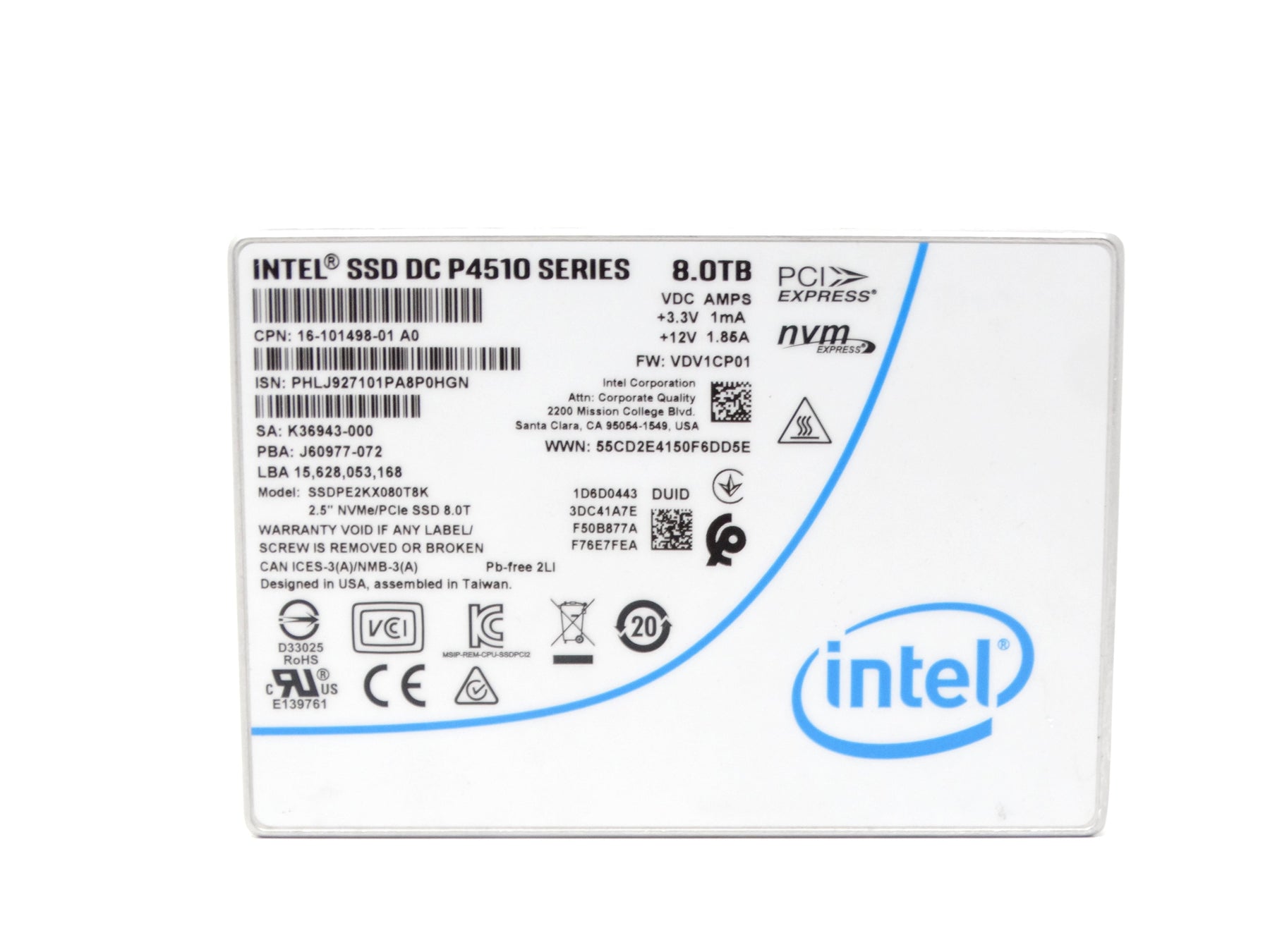 Intel 8TB NVMe U.2 PCIe Gen 3.0 x4 RI SFF 2.5" SSD DC P4510 Series SSDPE2KX080T8K
