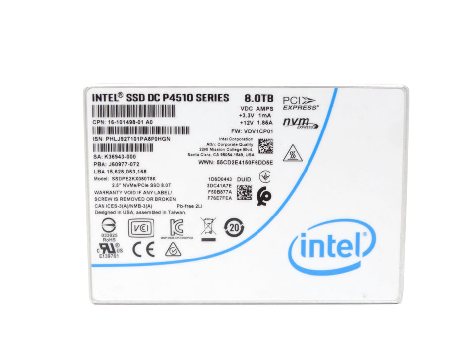 Intel 8TB NVMe U.2 PCIe Gen 3.0 x4 RI SFF 2.5" SSD DC P4510 Series SSDPE2KX080T8K