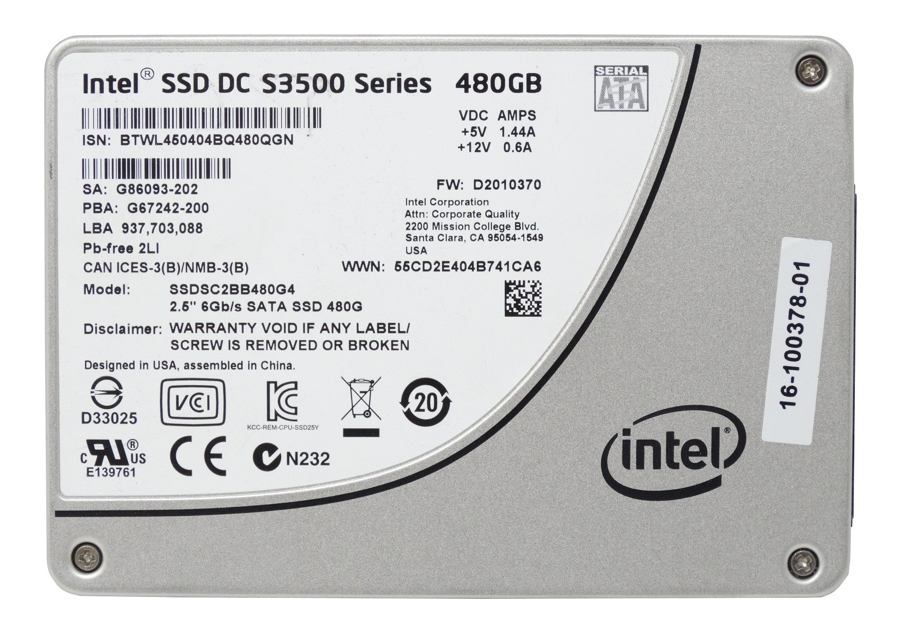 Intel SSD DC S3500 480GB 6Gbps SATA 2.5'' Solid State Drive SSD (16-100378-01)