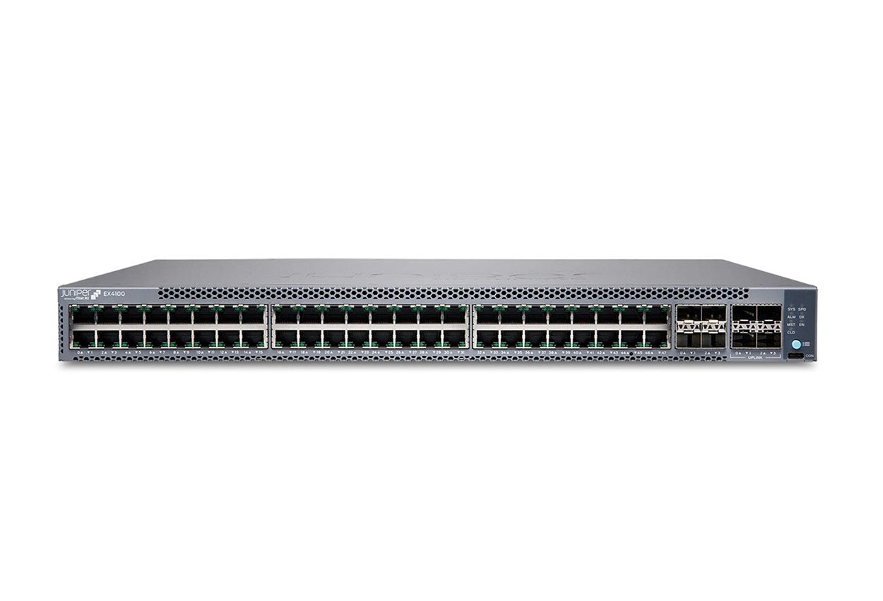 Juniper EX4100 Series 48-Ports 10/100/1000BASE-T PoE+ 4x10GbE uplinks 4x25GbE Stacking Layer 3 Rack-mountable Managed Front-to-back Airflow Network Switch - EX4100-48P-TAA