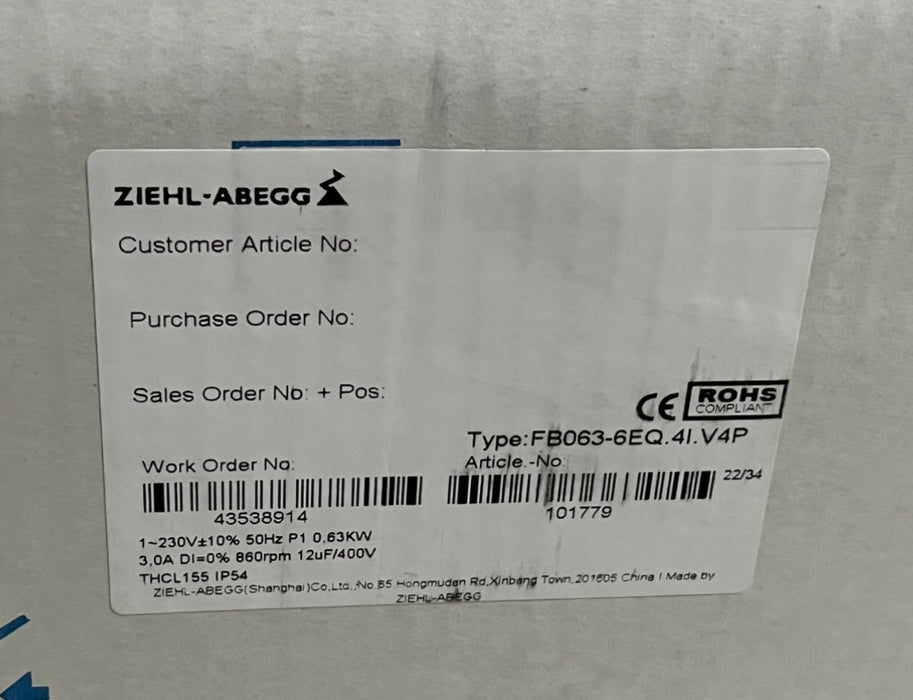 FB063-6EQ.4I.V4P ZIEHL-ABEGG Axial Fan 1~230V 0.63KW 3.0A 860rpm