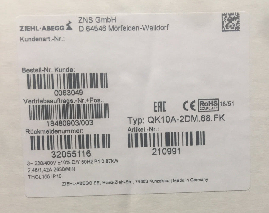 QK10A-2DM.68.FK ZIEHL-ABEGG Crossflow fan 0.87 kW 2.46/1.42 A 2630 rpm