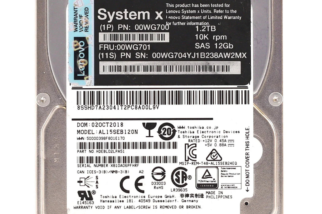 Lenovo AL15SEB120N 1.2TB 2.5" 12Gb/s 10K RPM SAS Drive FRU P/N: 00WG701 Tested Lenovo