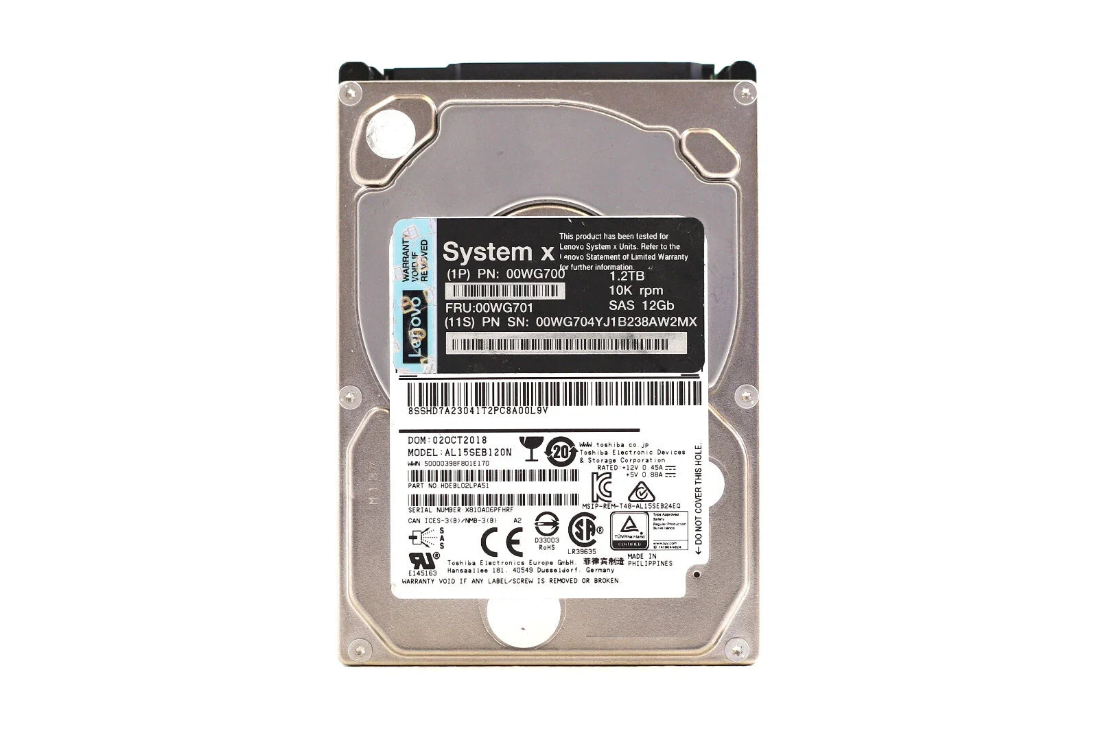 Lenovo AL15SEB120N 1.2TB 2.5" 12Gb/s 10K RPM SAS Drive FRU P/N: 00WG701 Tested Lenovo